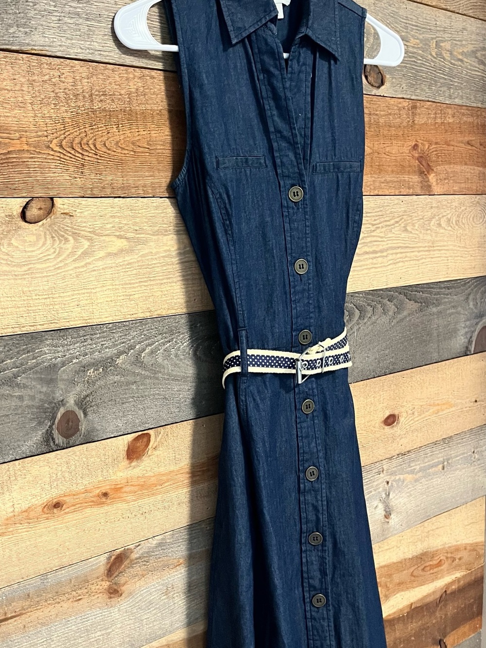 Dockers Sleeveless Dark Denim Button-Front Dress with Woven Belt